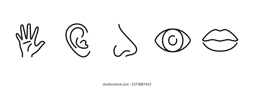 Five human senses editable stroke outline icons set isolated on white background flat vector illustration. Pixel perfect. 64 x 64.
