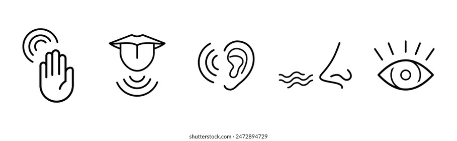 Five human senses editable stroke outline icons set isolated on white background flat vector illustration. Pixel perfect.