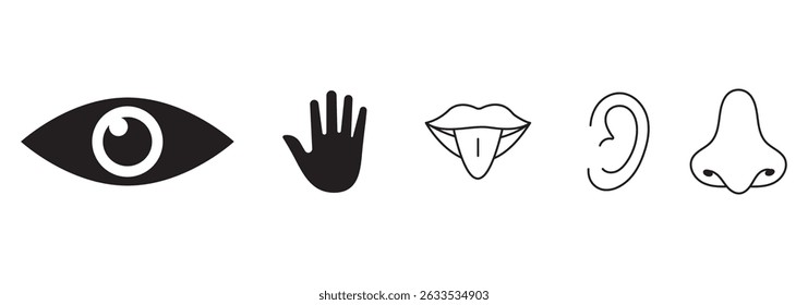 Five human senses editable stroke outline icons set isolated on white background flat vector illustration. Simple line icons and black circle. Five senses of human nervous system. Vector illustration.