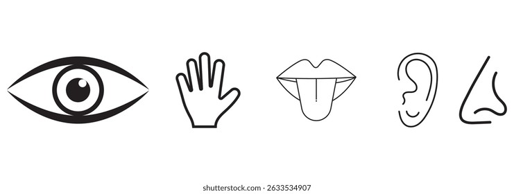 Five human senses editable stroke outline icons set isolated on white background flat vector illustration. Simple line icons and black circle. Five senses of human nervous system. Vector illustration.