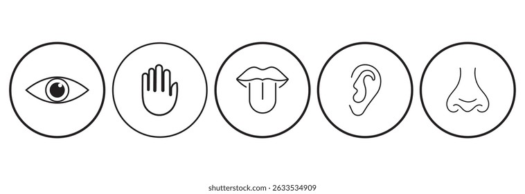 Five human senses editable stroke outline icons set isolated on white background flat vector illustration. Simple line icons and black circle. Five senses of human nervous system. Vector illustration.