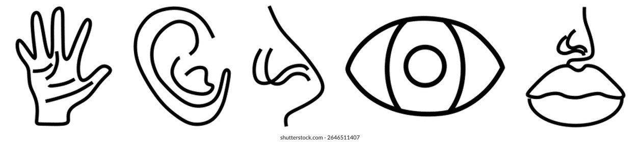 Five human senses editable stroke outline icons set isolated on white background flat vector illustration.