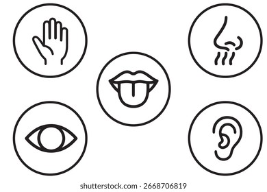 Five human senses editable stroke outline icons set isolated on white background flat vector illustration.