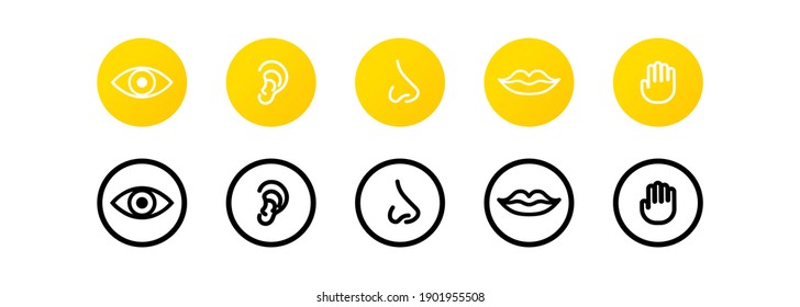 Five human senses icon set. Eye, nose, ear, hand, mouth with tongue sign. Sight, smell, hearing, touch, taste concept. Vector on isolated white background. EPS 10