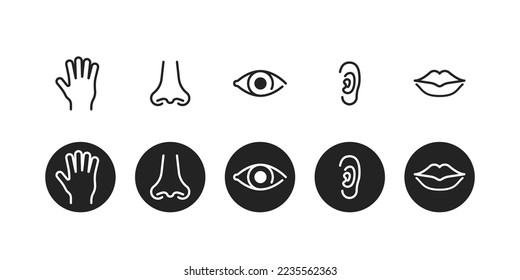 Five human senses icon set. Touch, smell, see, hear, taste vector symbol. Hand, nose, eye, ear and lips sensory organ collection.