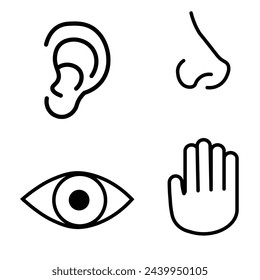 Five human senses icon set. Eye, nose, ear, hand, mouth with tongue sign. Sight, smell, hearing, touch, taste concept. Vector on isolated transparent background.
