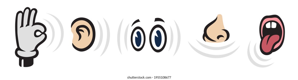 Five human senses icons set. Vision hearing smell touch taste signs