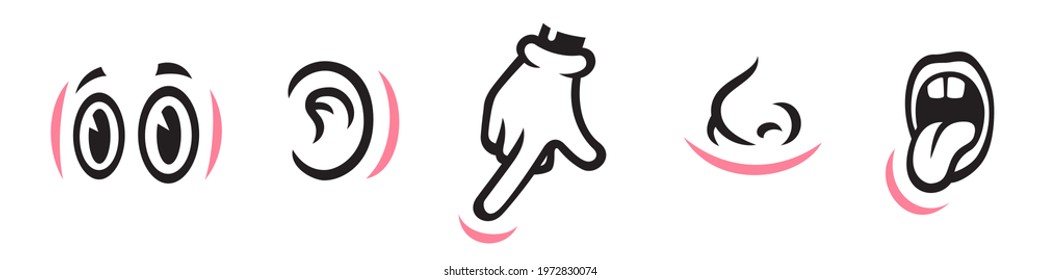 Five human senses icons set. Vision hearing smell touch taste signs