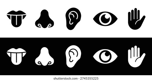  Five Human Senses Icons Set – Taste, Smell, Hearing, Vision and Touch Symbols in Black and White Isolated on Background, Sensory Perception Vector Illustration Collection.