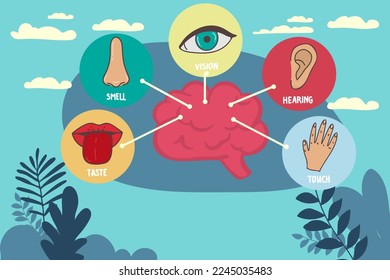 Five human senses line icons set. Vision, smell, hearing, touch, taste icons. Human sensory organs. Eye, nose, ear, hand, mouth icon set.