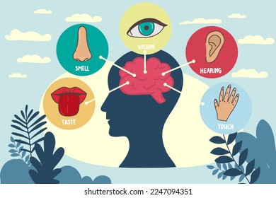 Five human senses line icons set. Vision, smell, hearing, touch, taste icons. Human sensory organs. Eye, nose, ear, hand, mouth icon set.