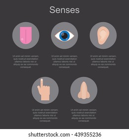 Five human senses on a dark background with space for your text. Vector illustration.