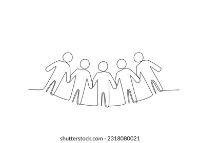 Cinco humanos tomándose de la mano. Dibujo de una línea del día mundial de la población