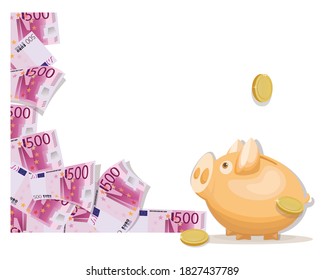 Five hundred euro banknote. Piggy bank. EURO, gold coins. Cash collecting billfold, white background