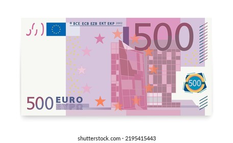 Five hundred euro bill vector illustration featuring a stylized EU 500 euros banknote layout with modern 20th century architecture facade and stars for European currency, banking, finance, and wealth concepts.