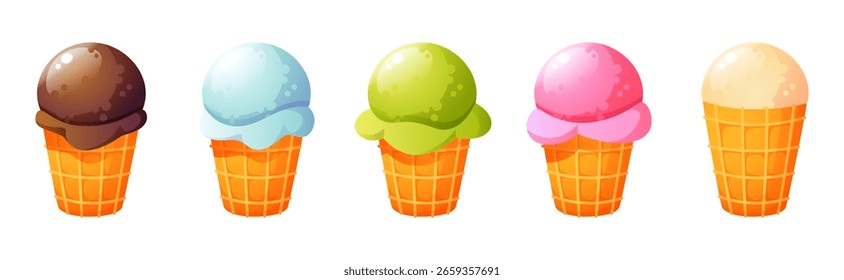 Cinco conos de helado de diferentes sabores y colores: vainilla, chocolate, fresa y pistacho. Un postre de verano. La Imagen es una Ilustración vectorial sobre un fondo blanco.