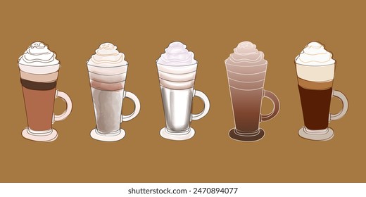 Five iced coffee drinks, each with a different flavor and topped with whipped cream. The drinks are in tall glass cups with handles, and they are all sitting on a brown background