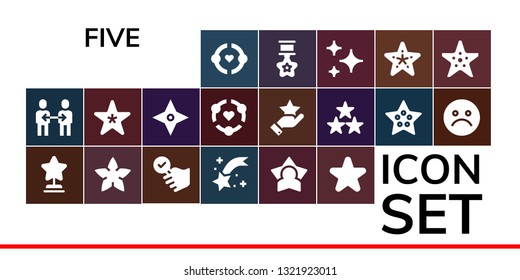 five icon set. 19 filled five icons.  Simple modern icons about  - Friendship, Star, Starfish, Satisfied, Shooting star, Unhappy, Stars