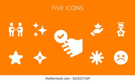 five icon set. 9 filled five icons.  Simple modern icons such as: Satisfied, Star, Stars, Friendship, Unhappy