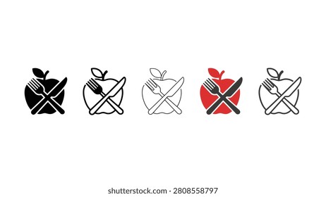 Five icons of apples with crossed utensils in different colors and styles