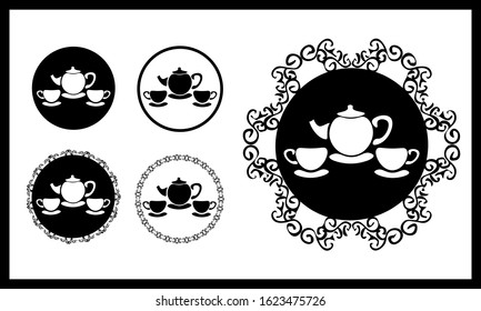 five icons with black and white vintage teapot and two cups