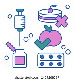 Cinco íconos dedicados al tema de la diabetes. Imagen del pastel como producto prohibido; la imagen de la manzana como producto útil; imagen de elementos medicinales.