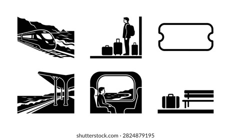 Five icons depict train travel with luggage boarding bridge passenger and bench
