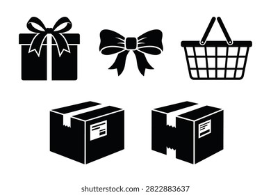 Five icons showing gift box with bow bow only basket delivery box with tape and open box