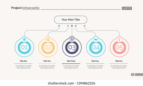 Five ideas process chart slide template. Business data. Step, flow, design. Creative concept for infographic, presentation, report. Can be used for topics like marketing, teamwork, research.