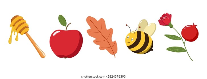 Five illustrated objects in a row honey dipper with dripping honey, red apple, orange oak leaf, cartoon bee, and red flower with pomegranate fruit, symbolizing nature and harvest