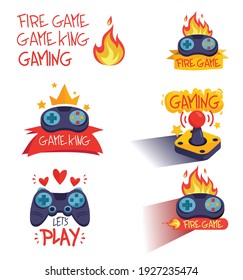 five illustration of game controller, flat design, icon fire game, game king, let's play