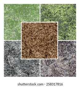 Five illustration of vector natural colored camouflage, simple pixel based digital seamless pattern; two variants is forest camo, two - urban textured and one is rocky ground desert marpat.