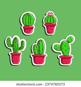 Five illustrations of potted cactus plants for stickers