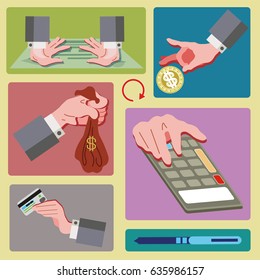Five Images of Hands of an Office Worker with Different Subjects. Vector Illustration