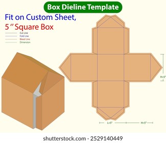 Five inch Square Cosmetics storage Box Dieline Template. Design Editable Vectoe File