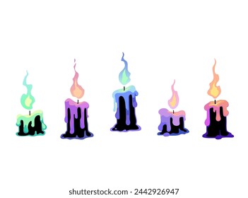 Five individual drawn bright burning candles. Vector illustration