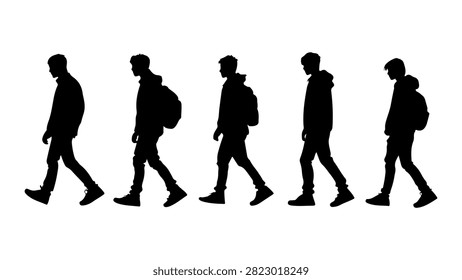Five individuals walking in a line, captured as silhouettes, showcasing movement and diversity in a simple, monochromatic style.