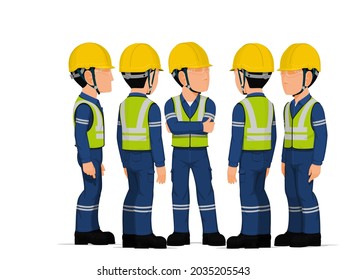 Five industrial worker have a meeting on white background