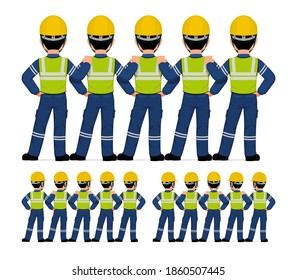 Five industrial workers standing together on white background