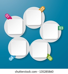 Five info paperlabels with numbers on the blue background.