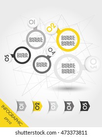 five infographic balls with rings and arrows, yellow concept