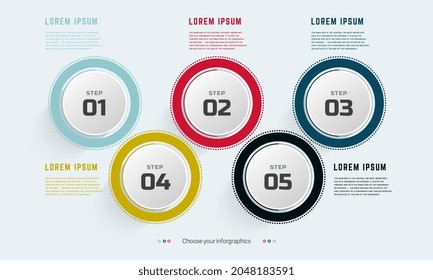 Cinco diseños infográficos con iconos. 5 opciones o 5 pasos. diagrama de procesos, diagrama de flujo, gráfico de información, infografías para el concepto de negocio, banner de presentaciones, diseño de flujo de trabajo, vectores y creación de ilustraciones