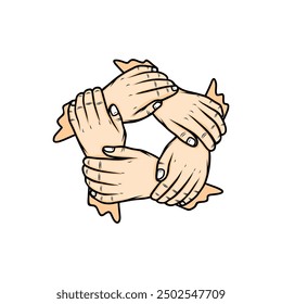 five interconnected left hands symbolizing mutual support vector illustration
