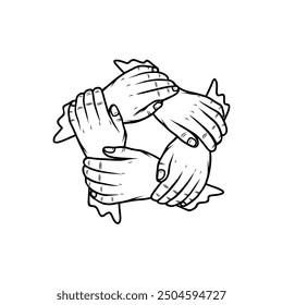 five interconnected left hands symbolizing mutual support in black and white vector line art