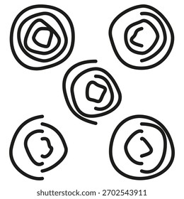 Cinco círculos irregulares. Línea dibujada a mano negra. Forma de Vector orgánico Abstractas. Elemento de anillo imperfecto.