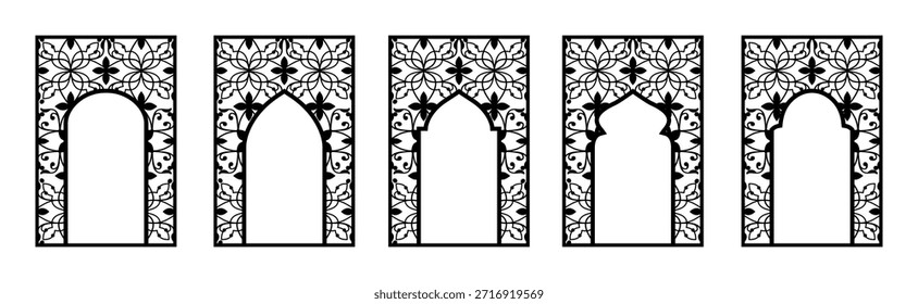 Fünf islamische Bogengänge mihrabs. Islamische Fenster, Moschee Türen mit traditionellem Muster. Mit floralen Arabesques, perfekt zum Laserschneiden, Al-Adha Dekoration, Urlaubsrahmen, Karte oder Social Media
