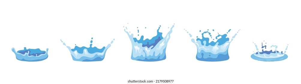 Five isolated and colored pouring water splashes realistic and flat blue icon set vector illustration
