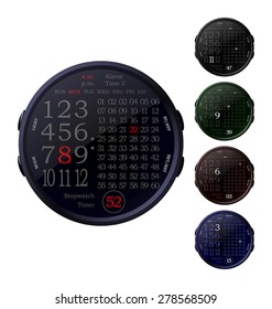 Five isolated digital clocks in the color variations on a white background
