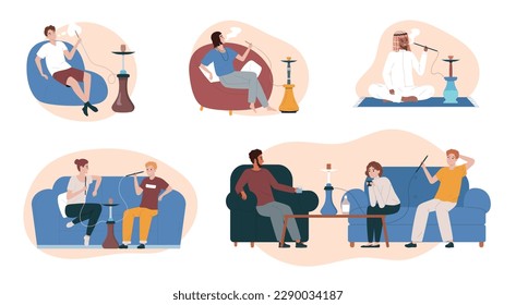 Five isolated hookah bar flat icon set with people of different genders and ages smoke vector illustration