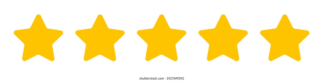 Five isolated yellow star icons of quality. Vector illustration of success. Flat design and concept of best rank and award. Review and award service. Customer review ranking.Shiny stars on background